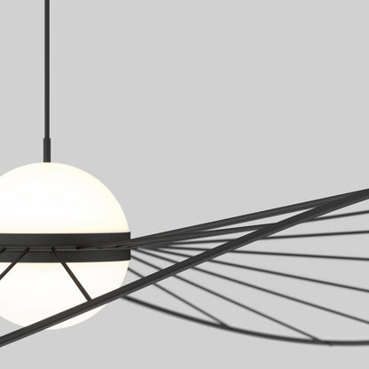 The Artika Tolena LED pendant light 3 CCT showcases a white spherical lamp with black metal rods in an abstract spiral design, set against a plain gray background.