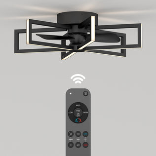 The Artika Swirl 26 in. LED modern ceiling fan features a geometric black frame, integrated LED lights, and 3 speeds. It is mounted on a white ceiling and includes a remote control for convenient wireless operation.