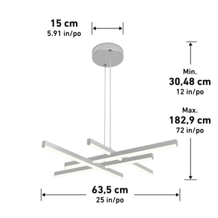 The Artika Grid modern LED pendant light 5 CCT features four intersecting bars suspended from a round, 15 cm diameter ceiling mount, measuring 63.5 cm wide with an adjustable height from 30.48 cm to 182.9 cm.
