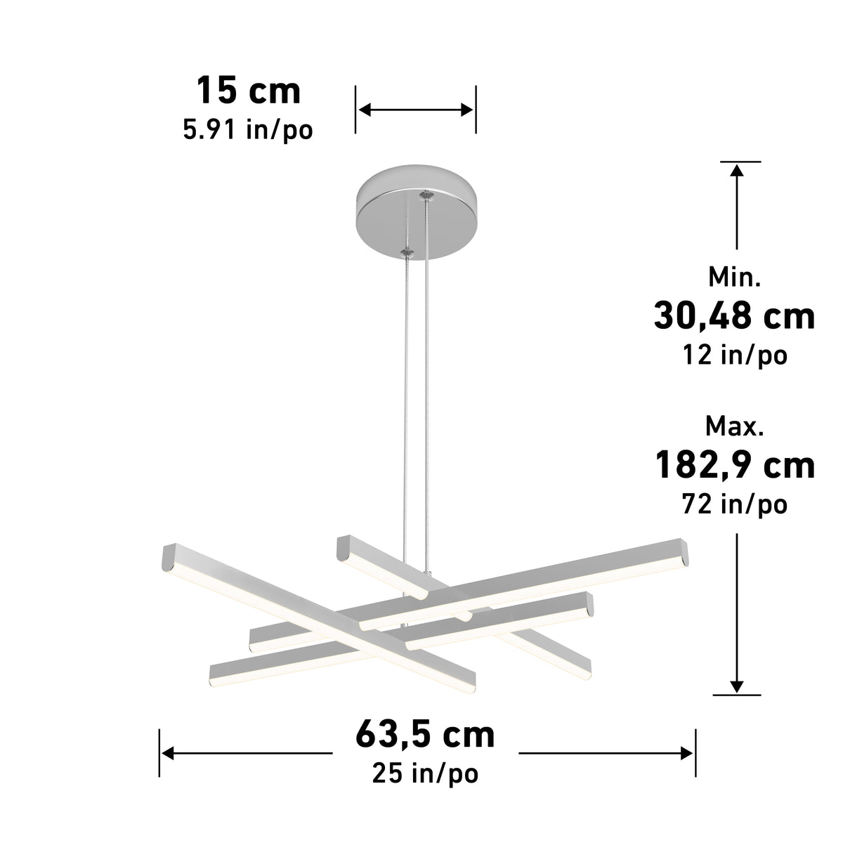 Modern ceiling light fixture with four intersecting horizontal bars, suspended from a round base. Dimensions: fixture width 63.5 cm (25 in), base width 15 cm (5.91 in), adjustable height 30.48–182.9 cm (12–72 in).