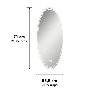 The Artika Corby 22 in. x 28 in. LED mirror with defogger is shown at an angle, featuring a white frame and touchscreen icons at the bottom. The height is marked as 71 cm (27.95 in) and width as 55.8 cm (21.97 in).