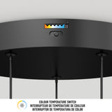 Close-up of a black ceiling light fixture base with a color temperature switch showing a range of warm to cool light settings. Below is bilingual text: Colour Temperature Switch / Interrupteur de Température de Couleur.