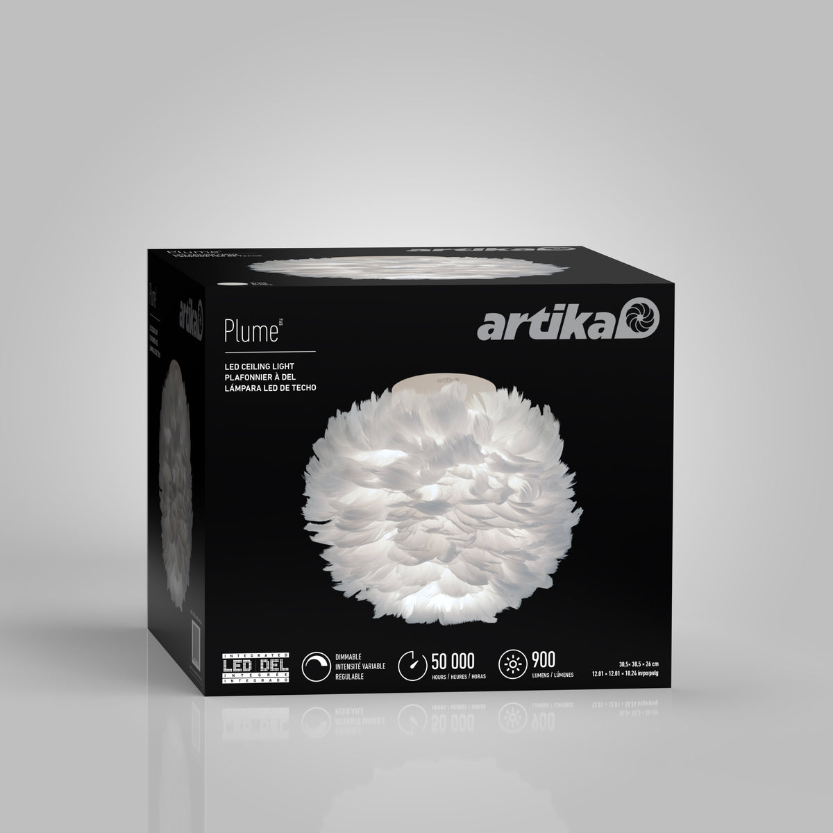 A box for the Artika Plume LED flush mount light displays a feather-like white fixture image on the front, with product name and specifications printed on the packaging.