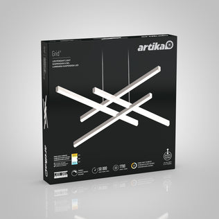 A black box of Artika’s Grid modern LED pendant light 5 CCT displays the fixture’s geometric, intersecting bars design with icons highlighting its LED features and specifications.