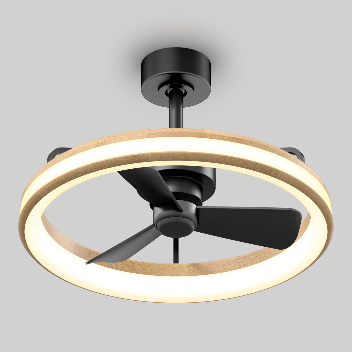 The Artika Lugano 23 in. LED modern ceiling fan features three black blades, a circular LED light ring with a wood finish, and comes with a remote, shown mounted on a gray ceiling.