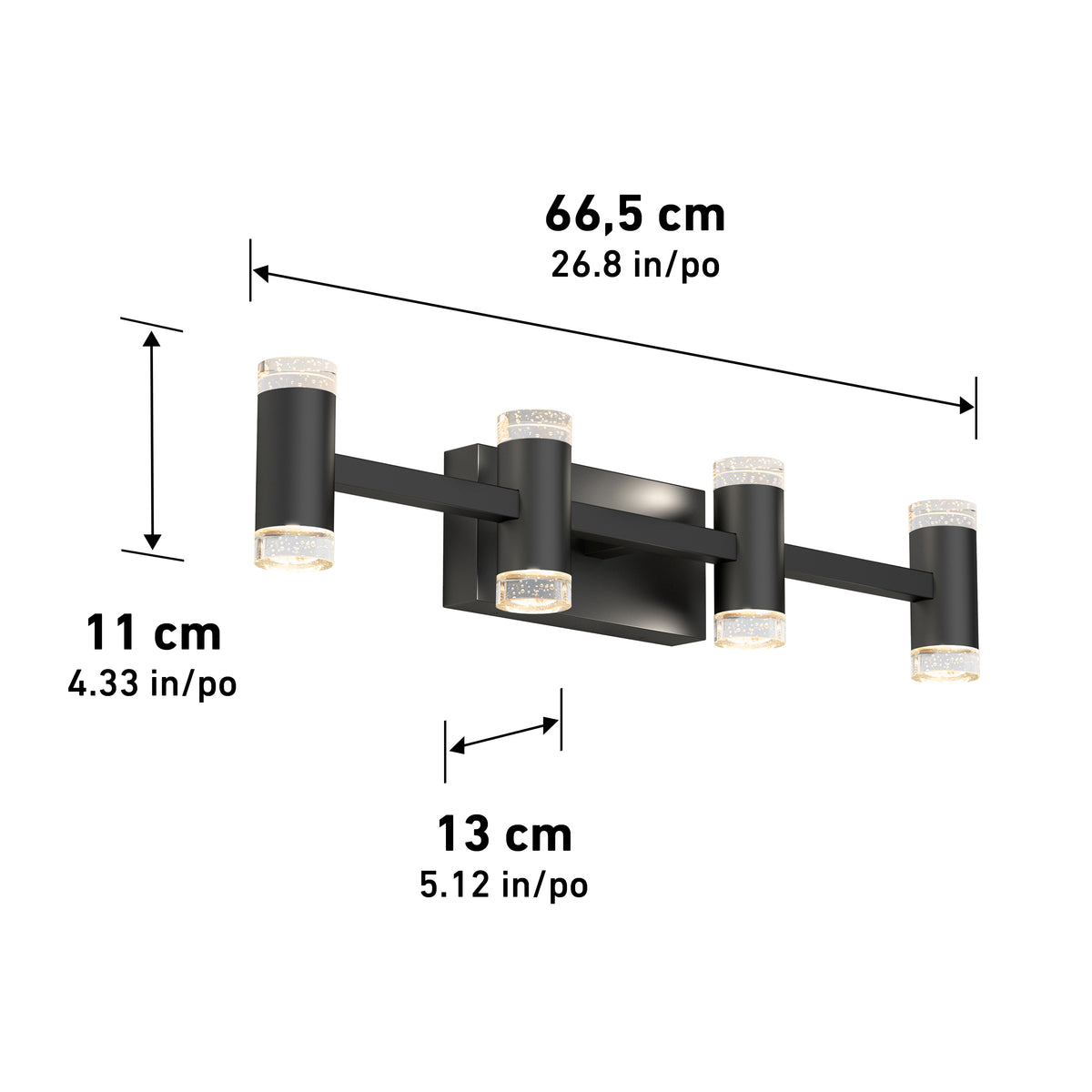 A black 4-light wall fixture with clear textured ends, measuring 66.5 cm wide, 11 cm high, and 13 cm deep. Measurements in both centimeters and inches are labeled on the image.