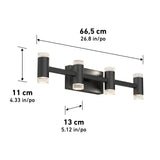 A black 4-light wall fixture with clear textured ends, measuring 66.5 cm wide, 11 cm high, and 13 cm deep. Measurements in both centimeters and inches are labeled on the image.