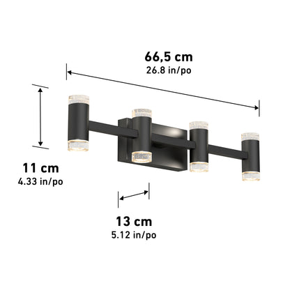 The Artika Mist modern LED bathroom vanity light 5 CCT features a sleek black design with four cylindrical lights, measuring 66.5 cm wide, 11 cm tall, and extending 13 cm from the wall.