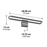 Rectangular wall-mounted light fixture with dimensions labeled: 68.58 cm (27 in) wide, 13 cm (5.12 in) tall, and 15.75 cm (6.20 in) deep, shown on a white background.