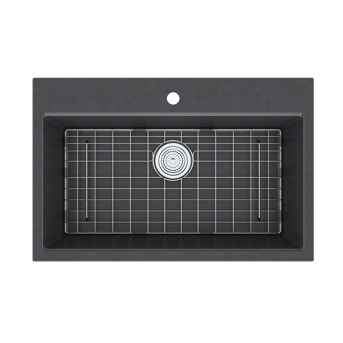 Artika Baycrest 33 in. black single bowl sink with a silver grid rack and round center drain, viewed from above.