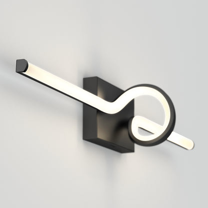 The Artika Bowtie modern LED bathroom vanity light 5 CCT features a black rectangular base and a sleek looped LED bar, providing adjustable soft illumination and a contemporary accent for any white wall.