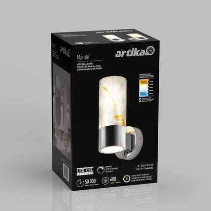 A black Artika box displays the Marble LED contemporary sconce 5 CCT, featuring a cylindrical frosted glass shade with a marble pattern and metallic base, along with product specifications and features.