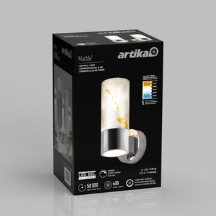 A black box displays the Artika Marble LED contemporary sconce 5 CCT, showing an image of the cylindrical lamp with a marbled glass shade and silver base. Product details and features are printed on the packaging.
