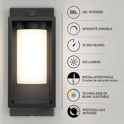 Artika Aurel Outdoor LED Light, 3CCT, 550 lumens, motion sensor, 50,000 hrs—modern black fixture with adjustable brightness.