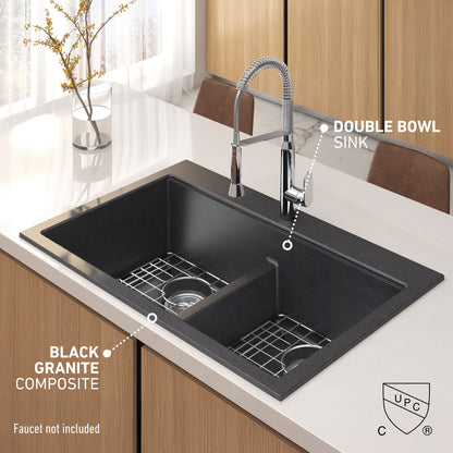 Modern kitchen featuring the Artika Baycrest 33 in. black double bowl sink; faucet shown not included.
