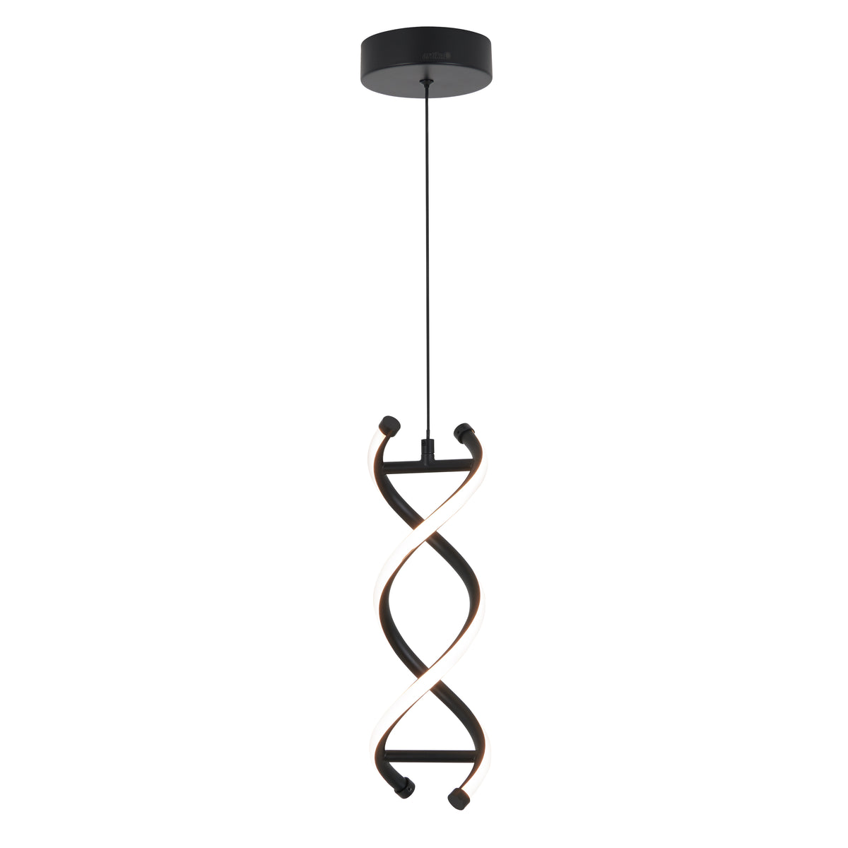 A modern pendant light with a twisted, double-helix design in black and white, hanging from a round ceiling mount by a thin black cord.
