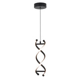 A modern pendant light with a twisted, double-helix design in black and white, hanging from a round ceiling mount by a thin black cord.