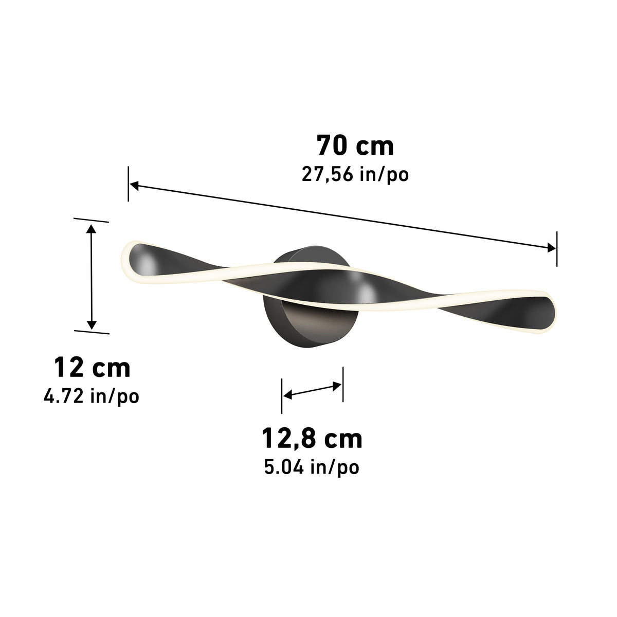 A modern black wall light with a twisted, wave-like design. The light is 70 cm (27.56 in) wide, 12 cm (4.72 in) high, and has a base diameter of 12.8 cm (5.04 in). Measurement lines and labels are shown.