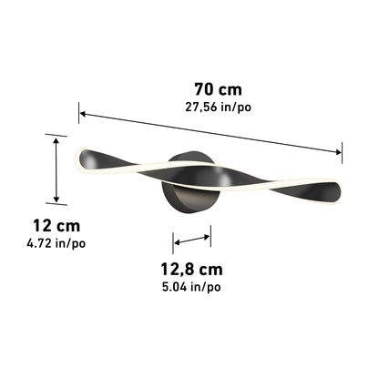 The Artika Finley LED modern bathroom vanity light 3 CCT features a twisted design in black with white edges, measuring 70 cm (27.56 in) wide, 12 cm (4.72 in) tall, and 12.8 cm (5.04 in) deep.