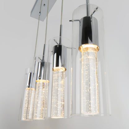 The Artika Bubble Flow 4-light pendant features four modern cylindrical glass shades with chrome fixtures, each with illuminated LED bubbles inside, creating a sleek and contemporary look.