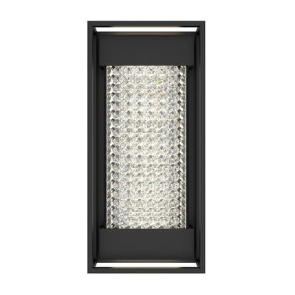 The Artika Glam indoor-outdoor LED wall light features a rectangular black frame and a central panel adorned with rows of sparkling faceted crystals, creating a modern, elegant look for any space.