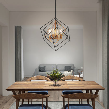 A modern dining room features a wooden table, four blue-cushioned chairs, a small plant centerpiece, and the Artika Harmonium modern mid-century pendant light. In the background, a gray sofa with pillows and a blanket sits against the wall.