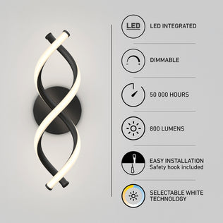 Artika DNA modern LED wall sconce 3 CCT featuring a double-helix design, 800 lumens, 50,000-hour lifespan, dimmability, and adjustable temperature.