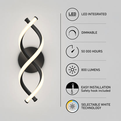 Artika DNA modern LED wall sconce 3 CCT featuring a double-helix design, 800 lumens, 50,000-hour lifespan, dimmability, and adjustable temperature.