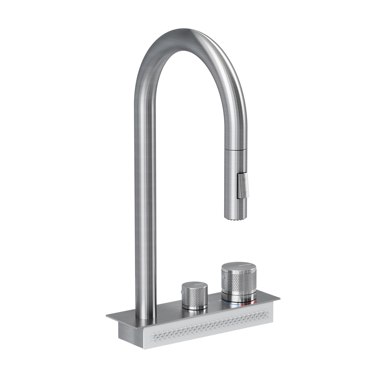 A modern, stainless steel kitchen faucet with a high curved spout and two textured control knobs mounted on a rectangular base.