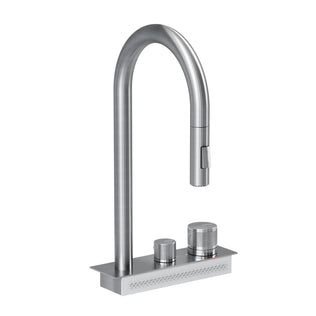 The Artika Neoflow single bowl 31 in. stainless steel workstation sink pairs perfectly with a modern pull-down faucet featuring a tall curved spout, pull-out spray head, and two textured knobs on a rectangular base.