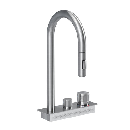 The Artika Neoflow single bowl stainless steel sink features a modern design with a high-arched spout and two textured control knobs on a sleek rectangular base.
