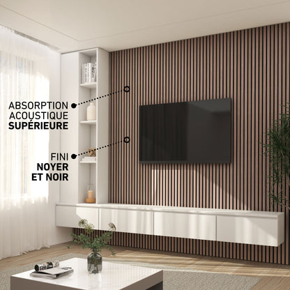 Modern living room with Artika Sonolok wall panel kit; French text highlights noise-reducing features on the accent wall.