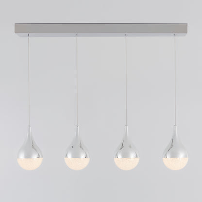 The Artika Glitzer 4-light LED pendant features chrome teardrop fixtures suspended in a row from a rectangular mount, with each lower half glowing softly against a white background.