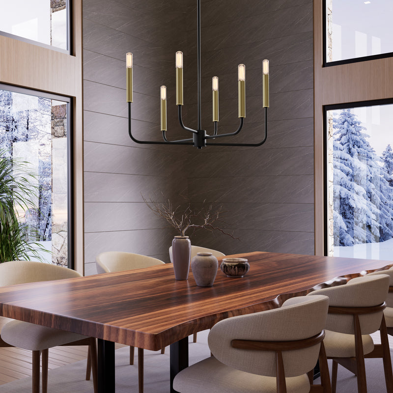 Modern dining room with wooden table, beige chairs, vases, and Artika’s Manchester 6-light pendant; snowy trees outside large windows.