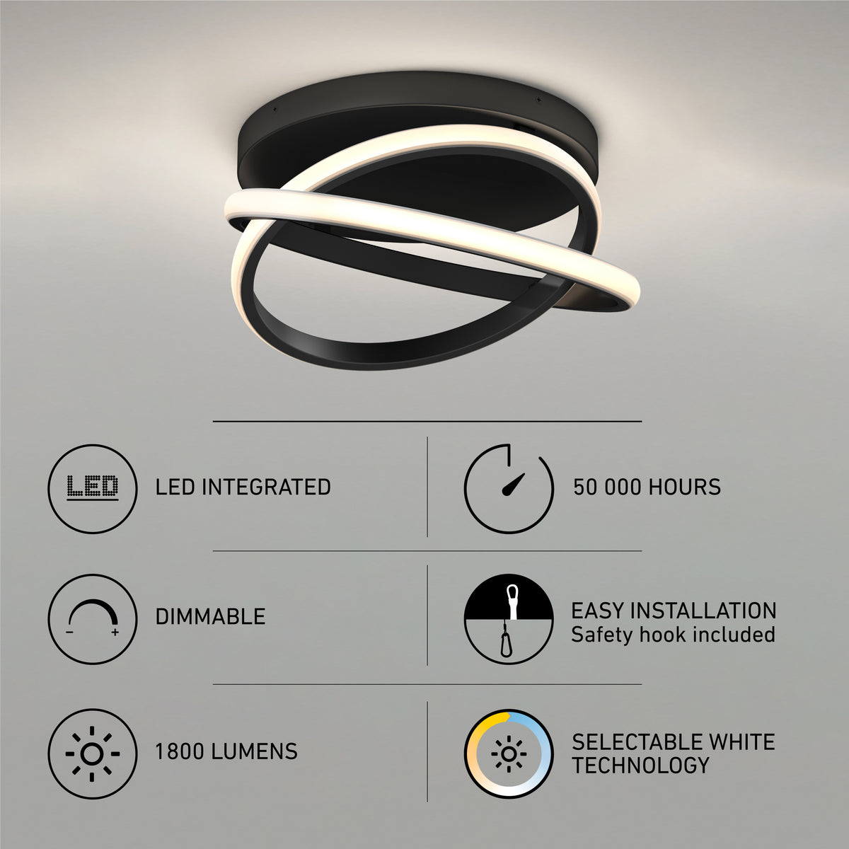 Modern black and white circular LED ceiling light with features listed: LED integrated, 50,000 hours lifespan, dimmable, easy installation, 1800 lumens, and selectable white technology.