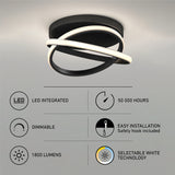 Modern black and white circular LED ceiling light with features listed: LED integrated, 50,000 hours lifespan, dimmable, easy installation, 1800 lumens, and selectable white technology.