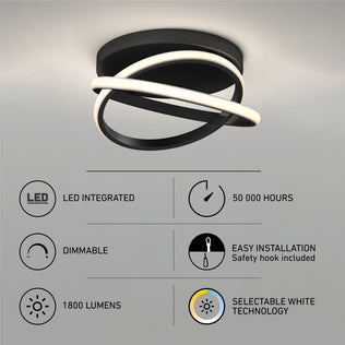 The Artika Orbia modern LED flush mount light 3 CCT features a sleek black and white design with two interlocking loops, offering dimmable 1800 lumens, selectable white (3 CCT), LED integrated, 50,000-hour lifespan, and easy installation.