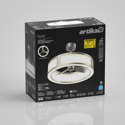 A box for the Artika Huxley 23 in. LED modern ceiling fan, 3 speeds, with product images, specs, Energy Star label, remote control details, and energy usage info on a gray background.