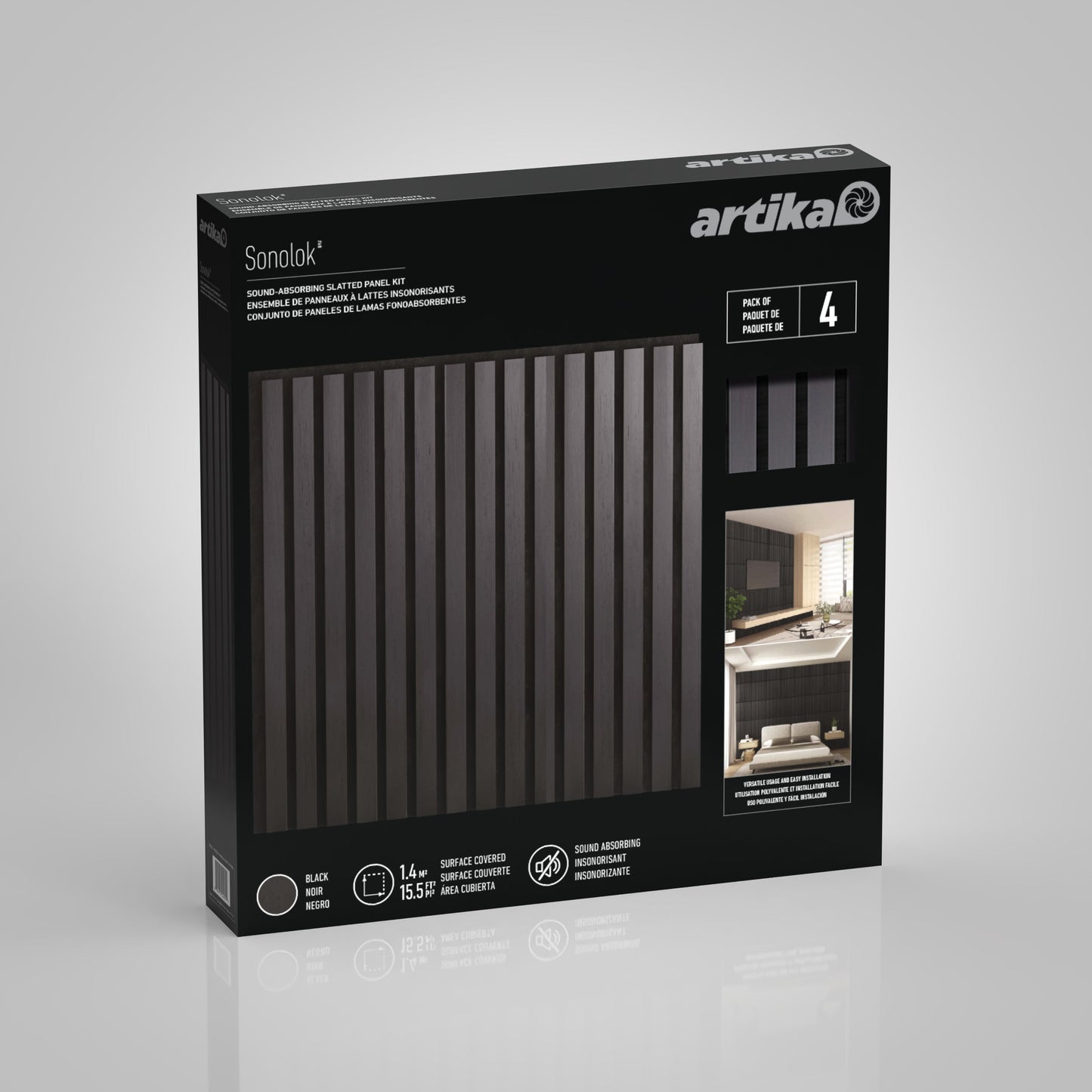 Box of Artika-CAN-dev Sonolok 15.5 ft sound-absorbing wall panel kit, set of 4, with packaging images showing the panels in use in a modern living room.