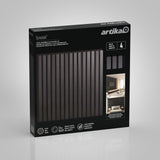 A black box labeled Artika Sonolok containing four black slatted acoustic wall panels. The packaging shows panel details and an image of a modern living room with the panels installed on the wall.