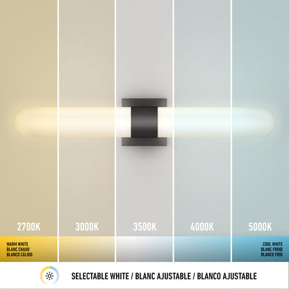 The Artika Wilton LED modern bathroom vanity light 5 CCT displays five selectable white color temperatures (2700K–5000K), each section labeled with a gradient from warm yellowish to cool bluish white. Selectable White appears below in three languages.