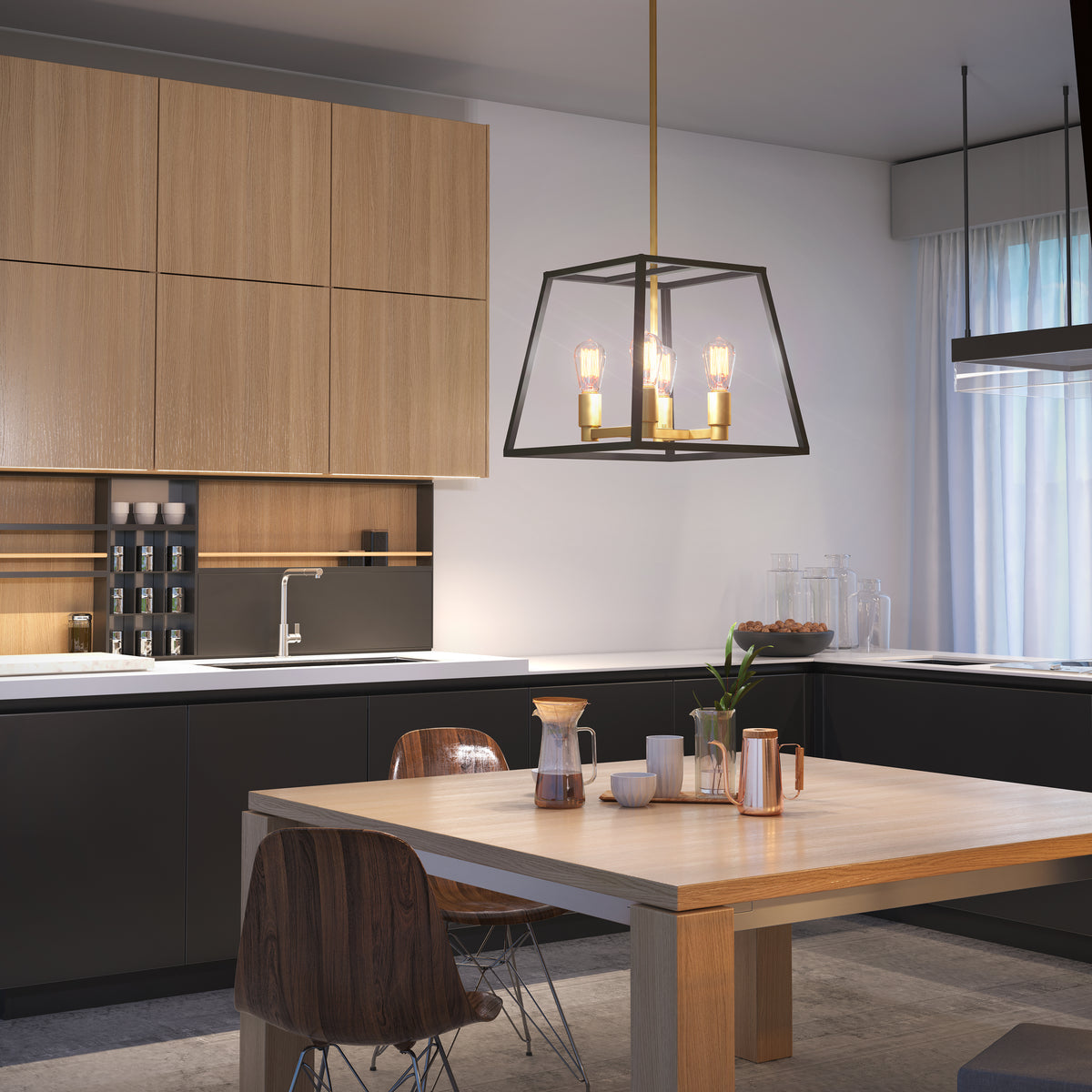 Modern kitchen with wooden and black cabinets, a light wood dining table, four wooden chairs, and the Artika Carter Square 4-light LED chandelier for industrial allure. Sunlight through sheer curtains creates a cozy atmosphere.