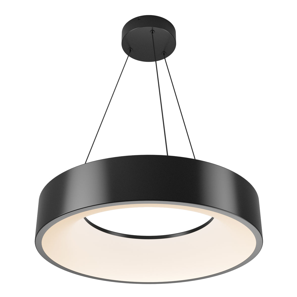 A modern, circular black pendant light fixture with an open center, suspended from the ceiling by three thin cables, emitting a soft, diffused white light from its inner edge.