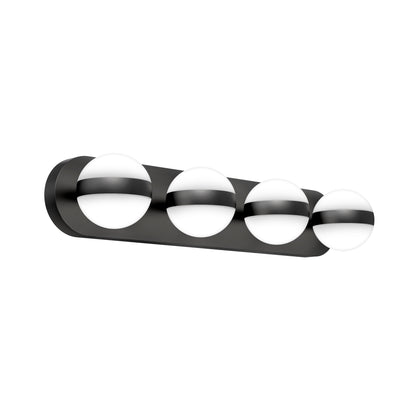 The Artika Baldric LED modern bathroom vanity light features a black rectangular base with four evenly spaced spherical white globes, each accented by a horizontal black band.