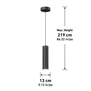 The Artika Cosmic modern LED pendant light 3 CCT features a black cylindrical design with small holes, hanging from a round ceiling mount. The cylinder measures 13 cm in diameter and has a maximum hanging height of 219 cm.