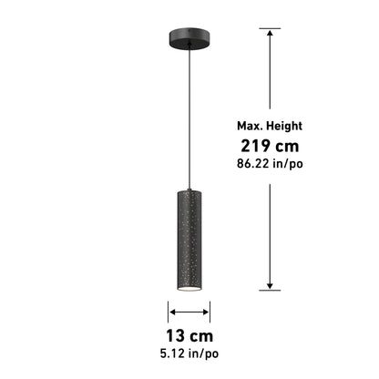 The Artika Cosmic modern LED pendant light 3 CCT features a black cylindrical design with small holes, hanging from a round ceiling mount. The cylinder measures 13 cm in diameter and has a maximum hanging height of 219 cm.