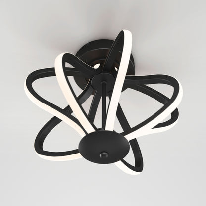 The Artika Meridian LED flush mount light features black curved arms and integrated white LED strips in a star-like geometric design, mounted on a white ceiling.