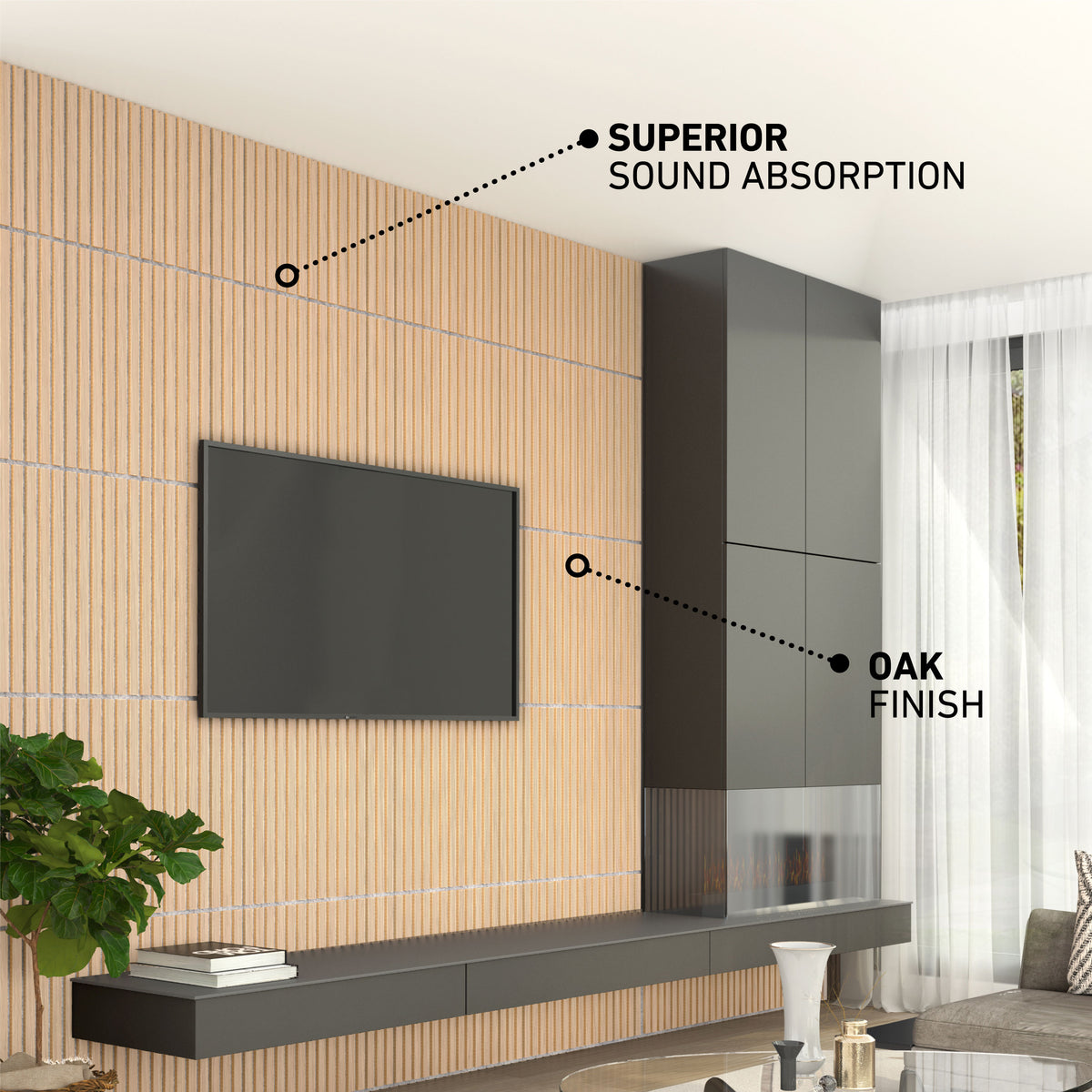 Modern living room with Artika Sonolok 15.5 ft sound-absorbing wall panel kit (4-pack), black TV, and fireplace.