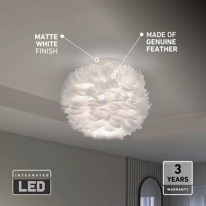 The Artika Plume LED flush mount light, featuring a matte white feather design, is installed in a modern room. Icons display its integrated LED and 3-year warranty.