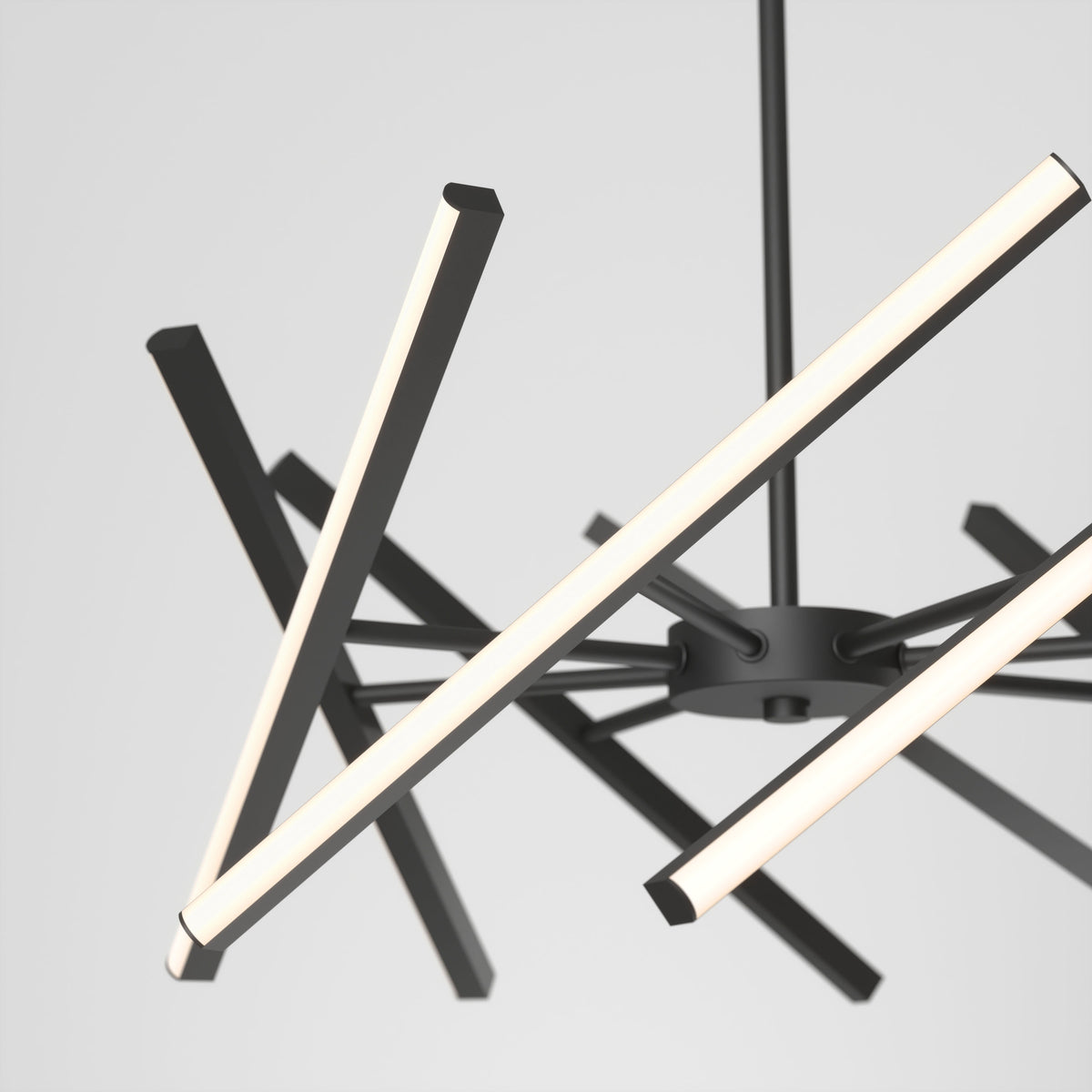 The Artika Malibu LED pendant light 3 CCT features multiple black metal arms with slim LED lights, creating a modern chandelier effect against a plain white background.